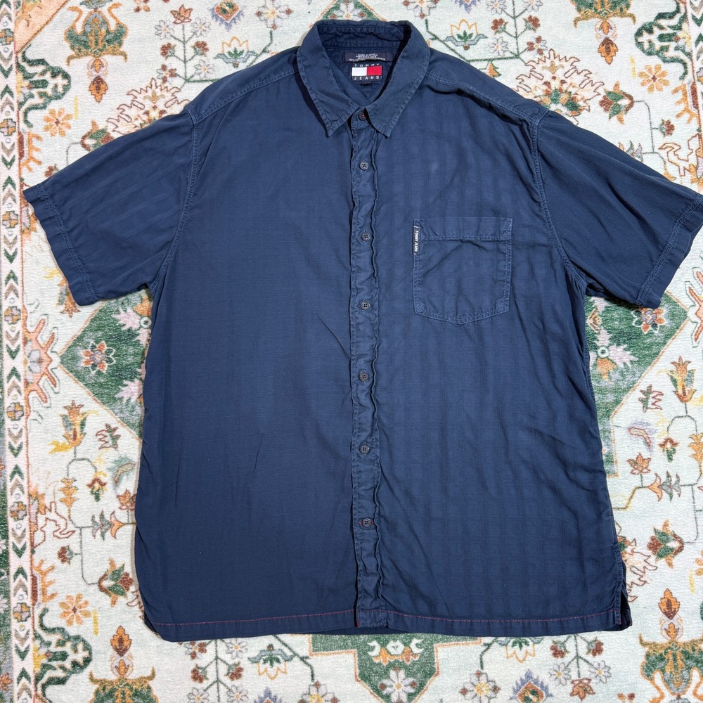 TOMMY JEANS Mens Size XL Dark Navy Blue Short Sleeve Button Up Shirt - Picture 1 of 3